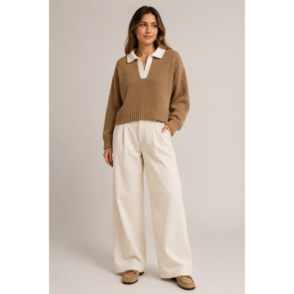 Abercrombie & Fitch S Oversized Chenille Polo Sweater Camel Cream Cropped